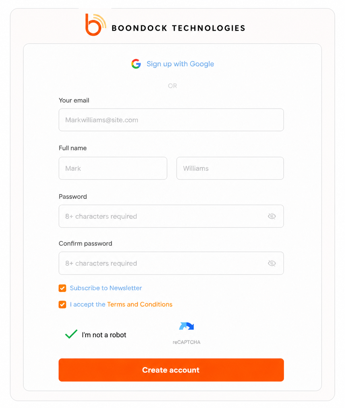 Create account screen