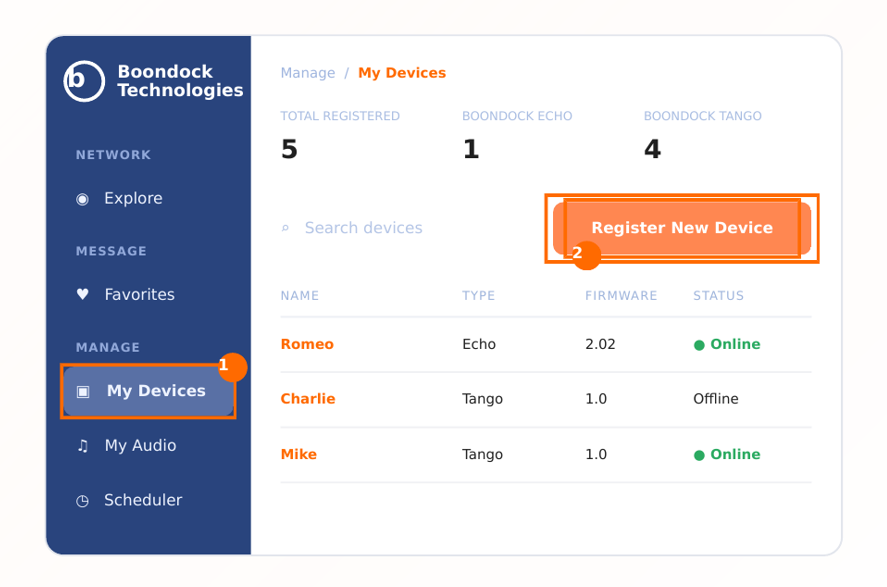 Register device screen