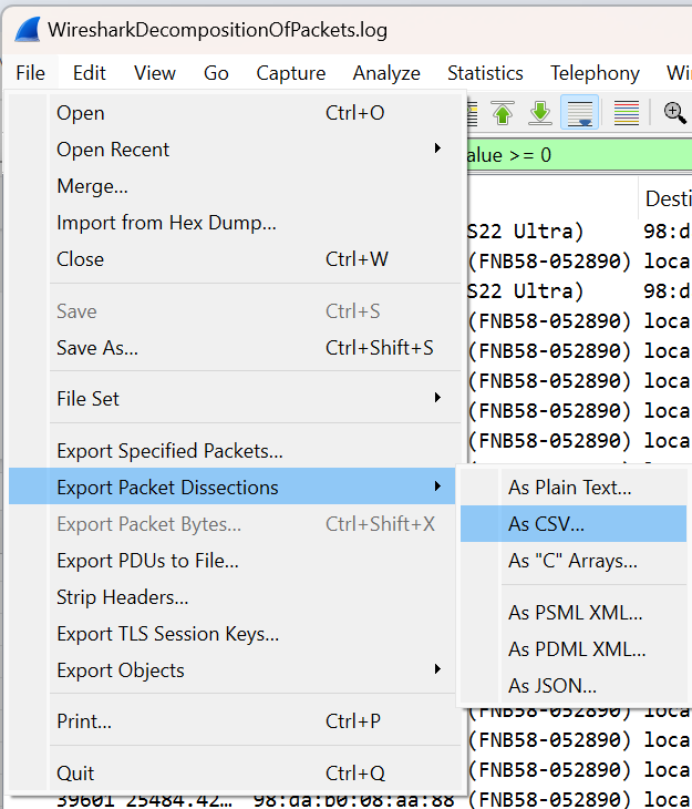 After you filter the data in wireshark, export the data values you want to analyze