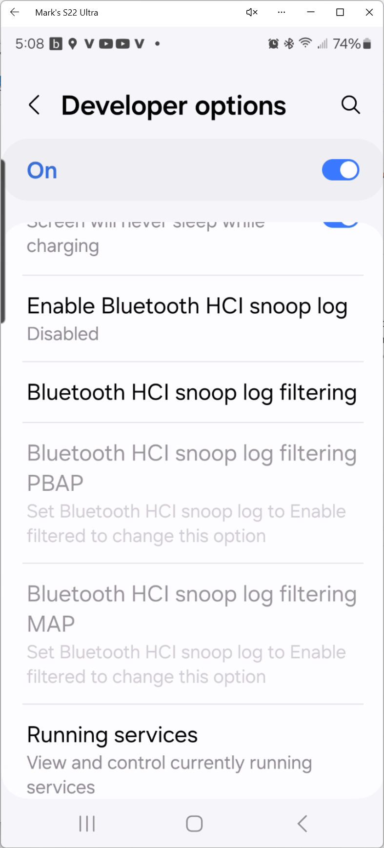 This screen grab shows how to turn Bluetooth logging on